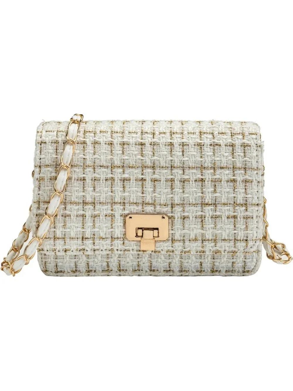 👜Women's White Tweed Chain Bag Quilted Flap Crossbody Purse For Wedding